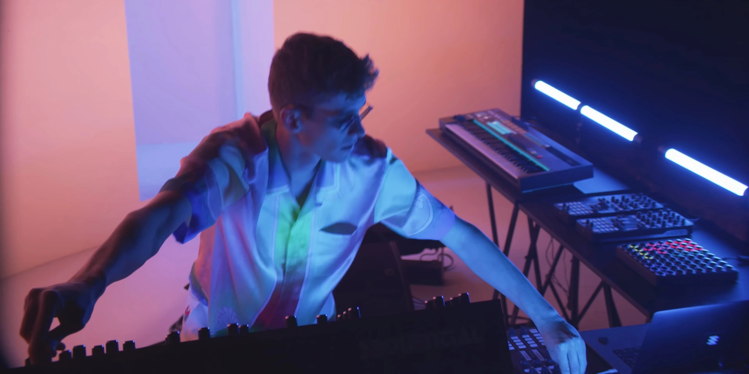 Performance in pink and blue light