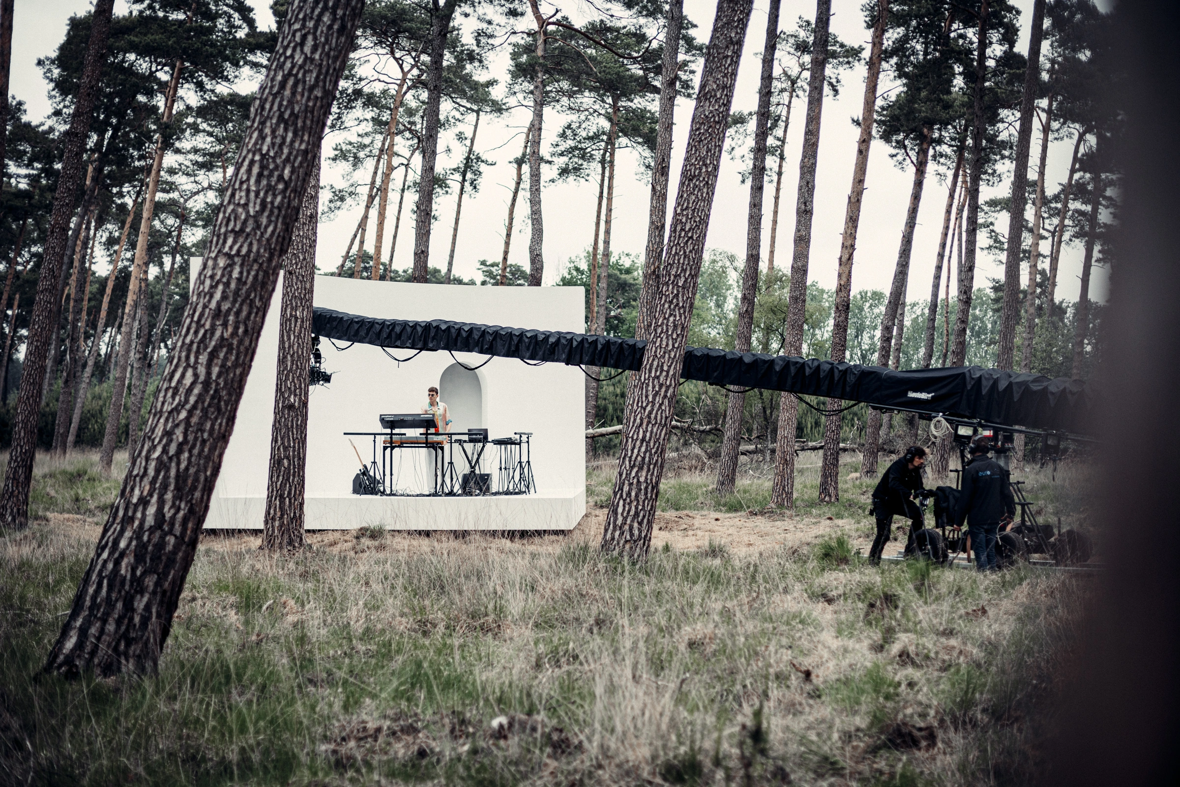 Camera crane filming the forest stage