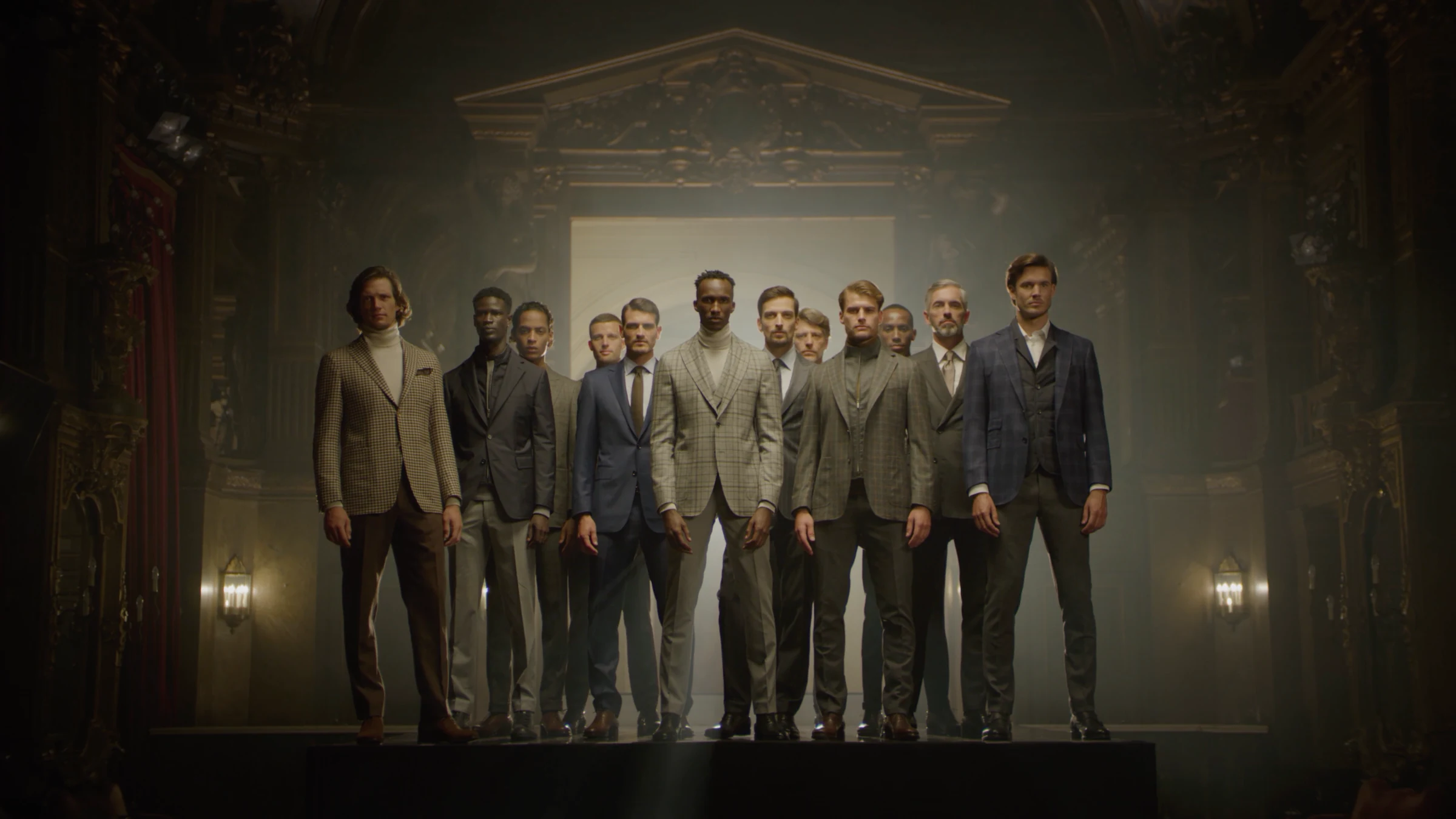 Scabal — ensemble in a gilded hall