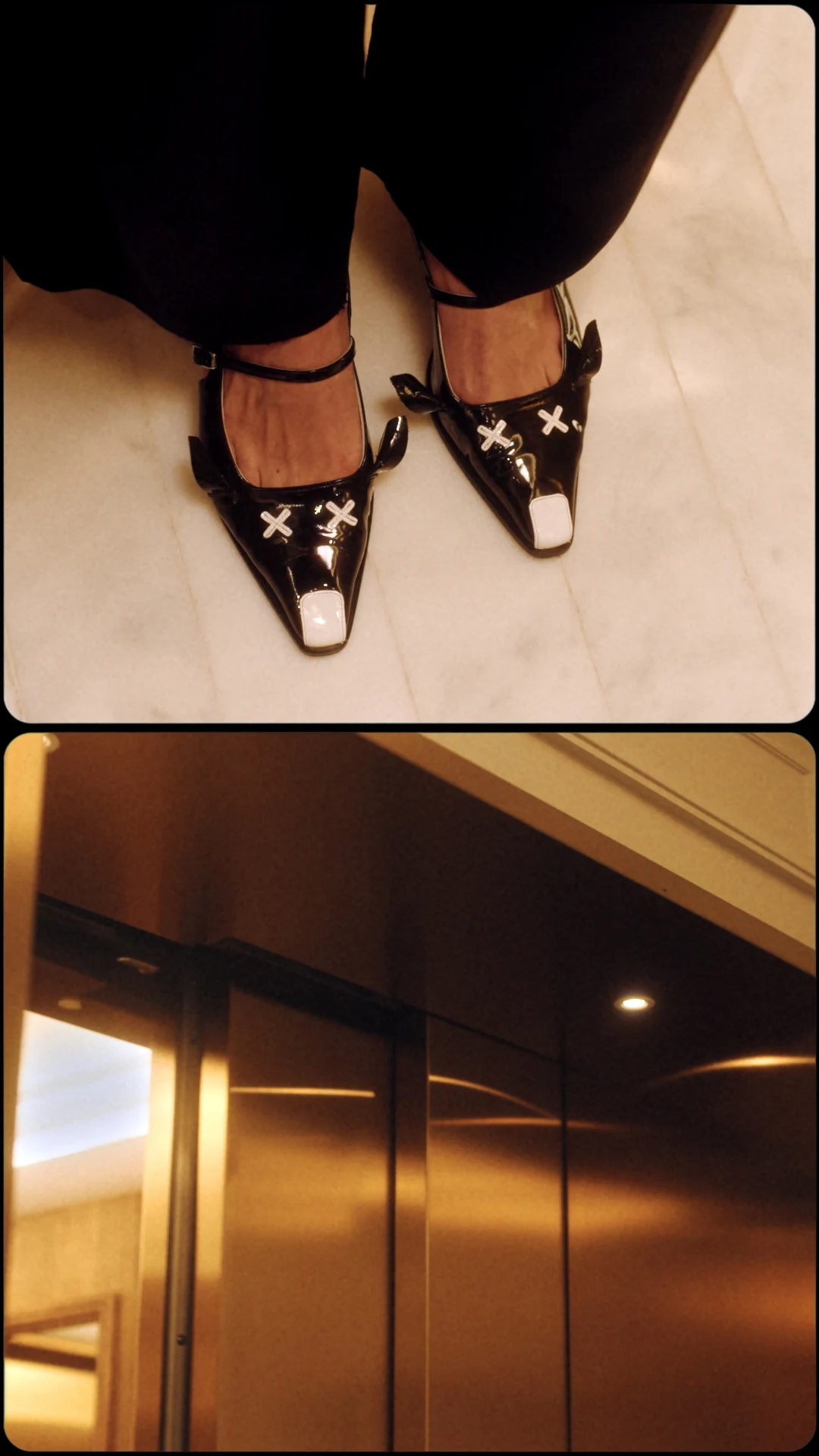 Black shoes and golden elevator doors